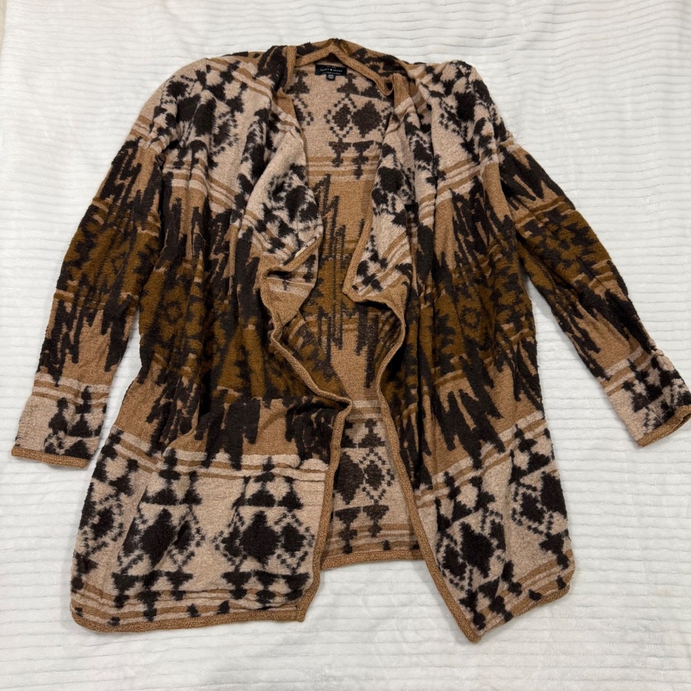 Lucky Brand Womens‎ Southwestern Geometric Open Front Cardigan Sweater Brown M
